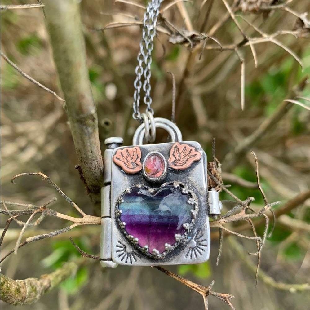 Sterling Silver locket pendant with Fluorite heart, pink Tourmaline and…